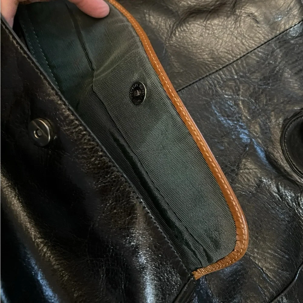 PLY New York Black & Brown 2 Tone Leather Tote Bag with Pocket & Striped Lining